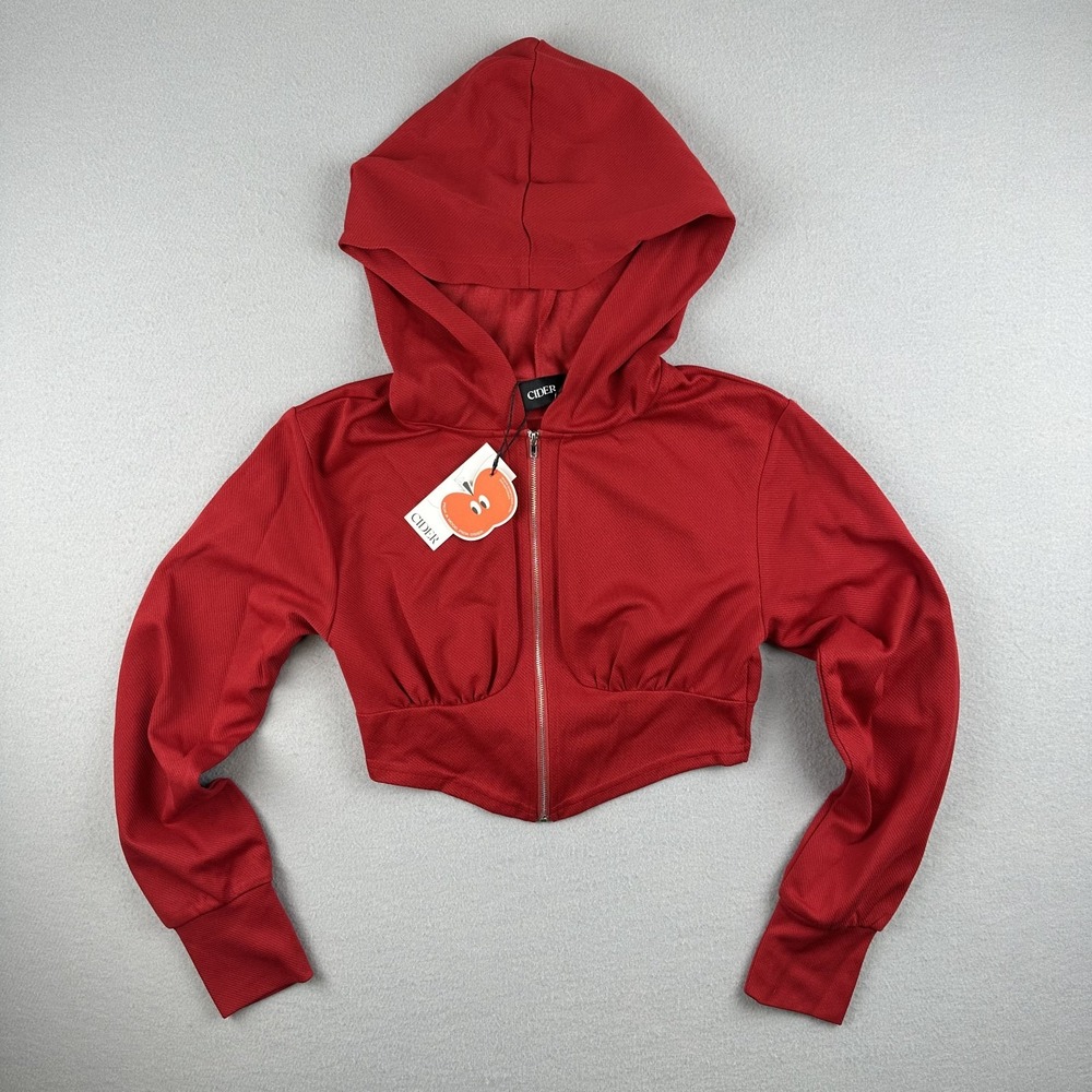 Cider Hooded Solid Zipper Crop Red Jacket Womens Size Small NWT